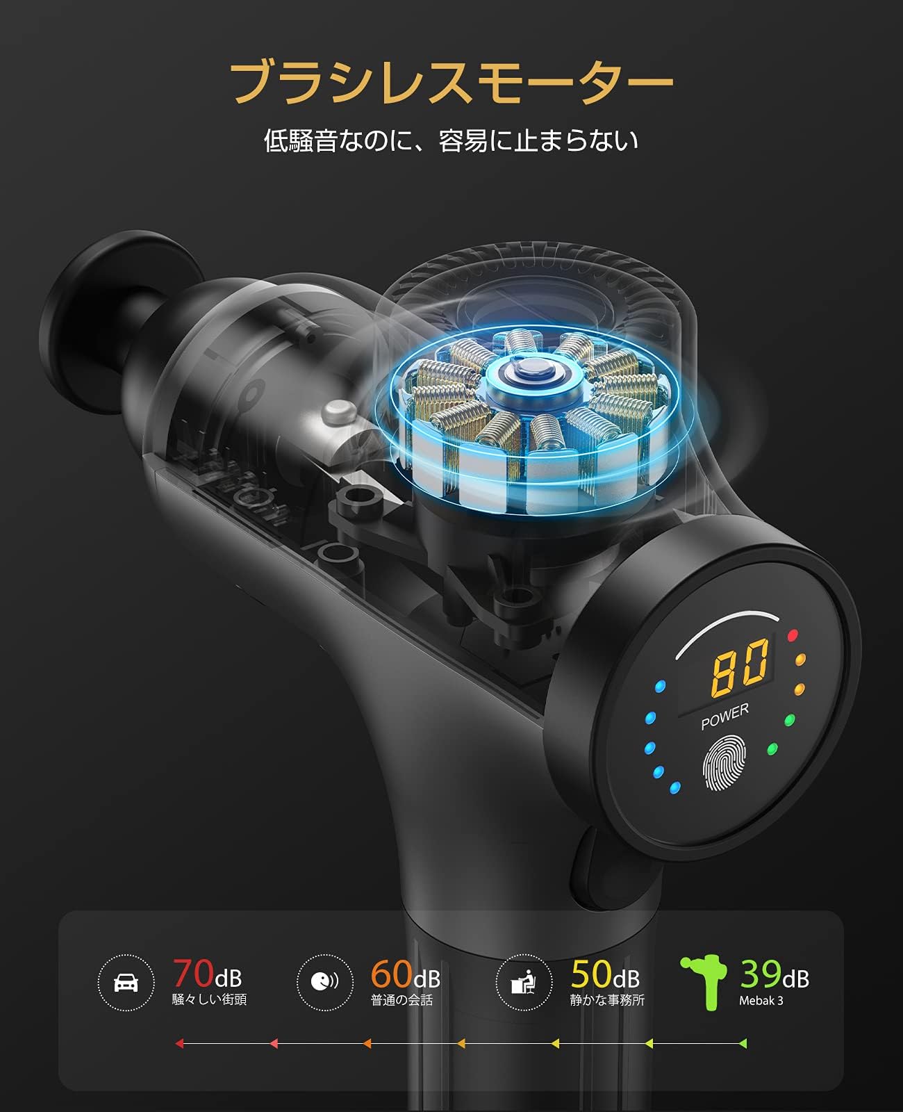 Mebak 3 Myofascial Release Gun, Replaceable Battery, Pressure Sensor, 5 Vibration Levels, LCD Touch Screen, 7 Types of Attachments, Storage Case, Japanese Instruction Manual Included (Gray)