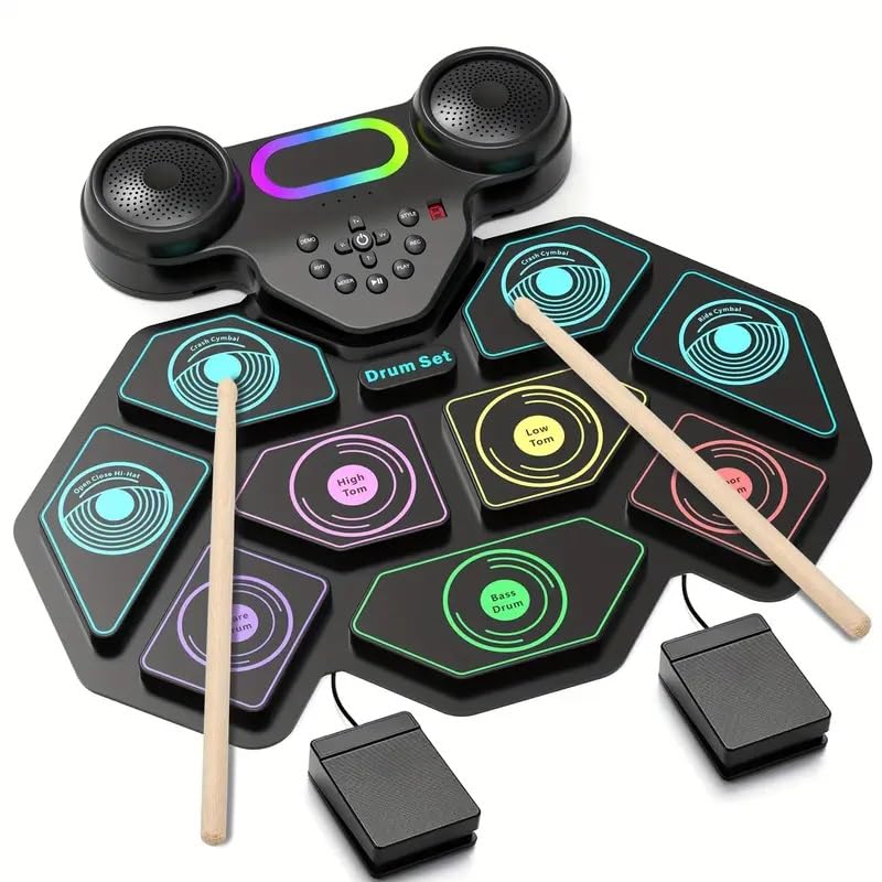 2025 Upgrade Electronic Drum Set 9-Pad Roll-Up – Portable Silicone Drum Kit with 2 Pedals,...