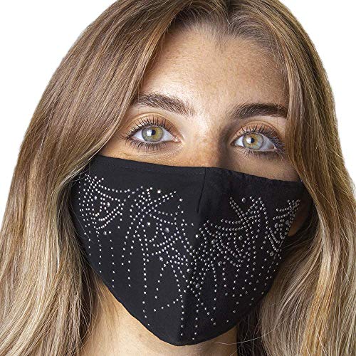 Jessica McClintock Women's 2-Piece Fashionable Cloth Face Mask for Outdoors Dust Sun and Wind - Washable Cotton Facial Cover with High Elasticity Ear Loops - Black/Black (Stones)
