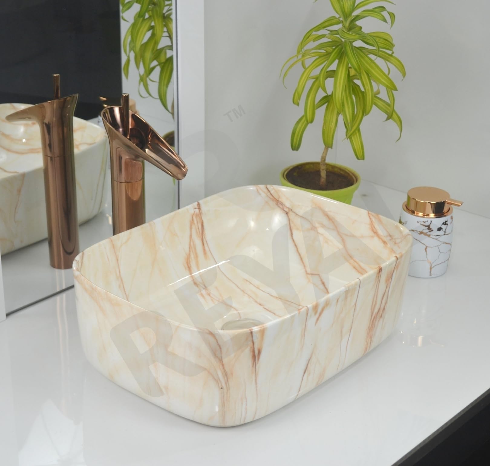 Reyal Marble Wash Basin - Ivory Gold Vessel Sink -13