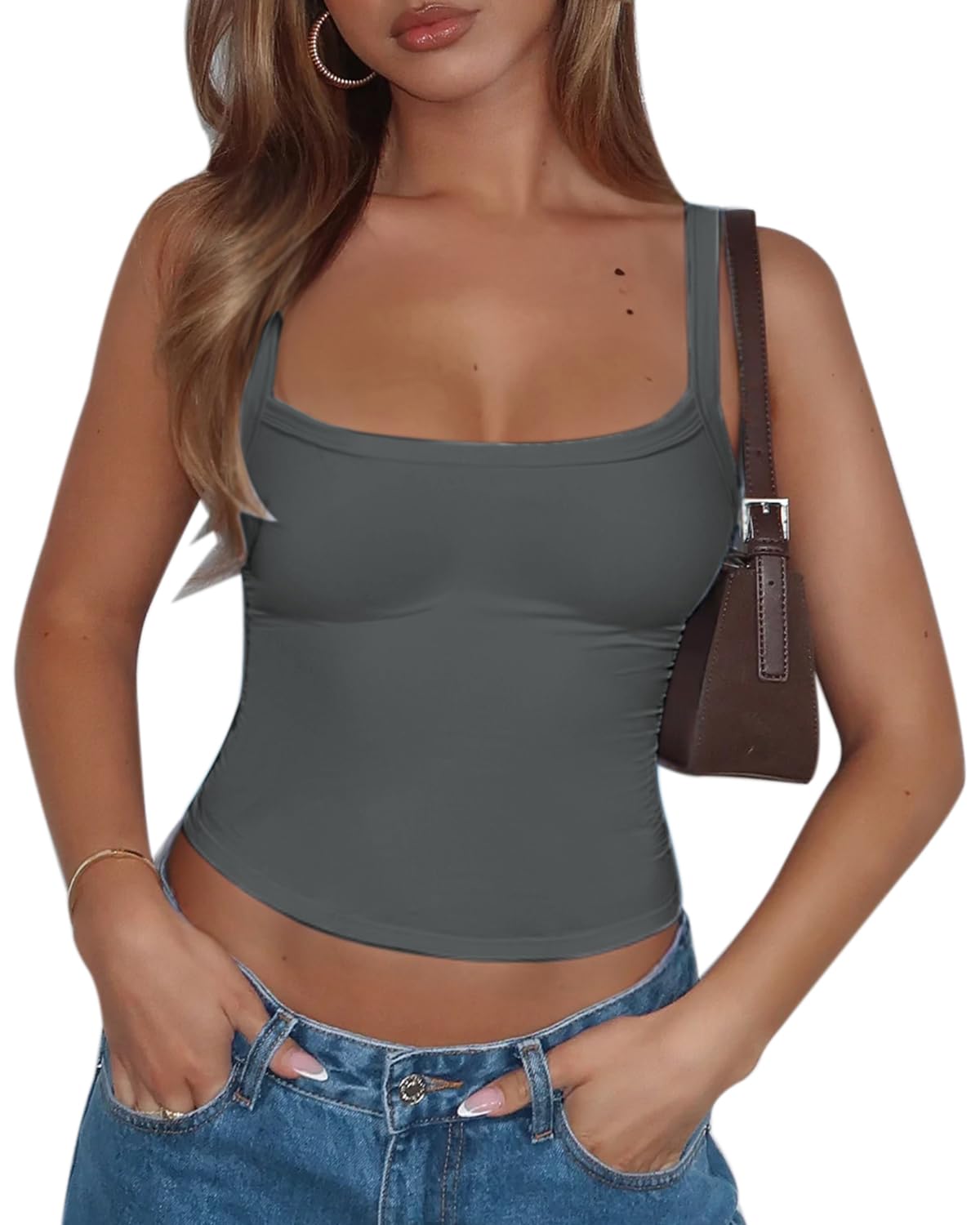 CHYRII Womens Tank Tops with Built in Bra Fashion Workout Top Longline Sports Bra Basic Camisole Top