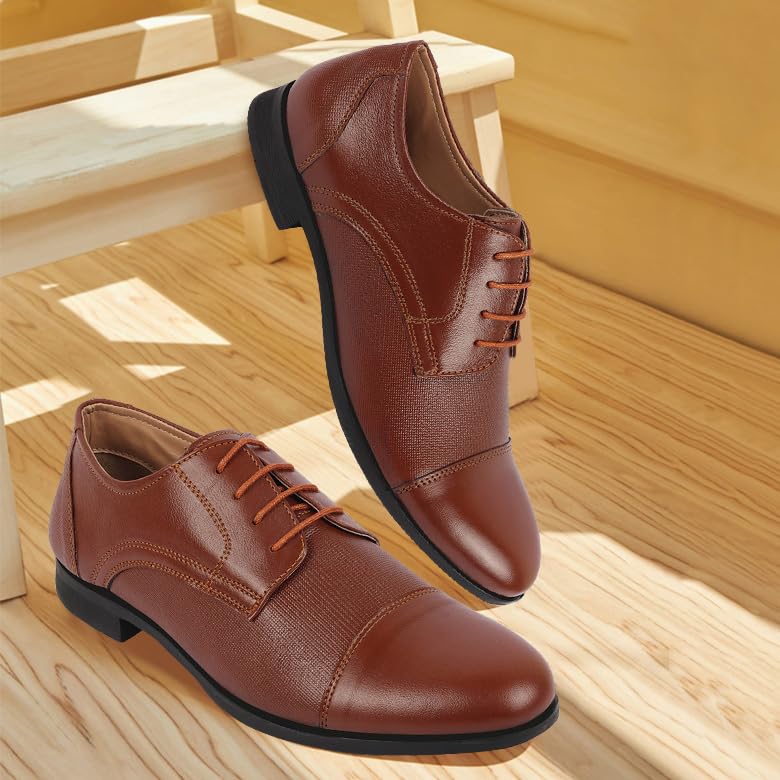 Image of FAUSTO Men's Formal Office Textured Cap Toe Genuine Leather Lace Up Shoes