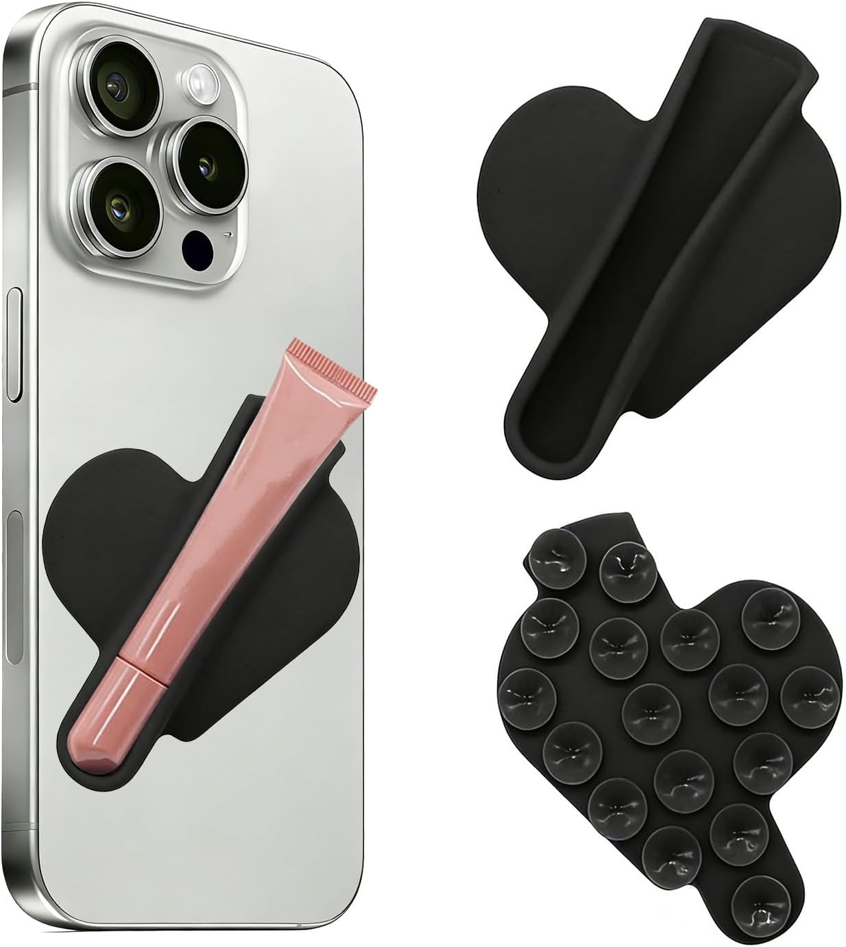 Suction Cup Phone Case Lip Gloss Holder, Heart-Shaped Lip Gloss Holder Can be Repeatedly Disassembled and Assembled,Compatible with Most Smartphones Devices(Black)