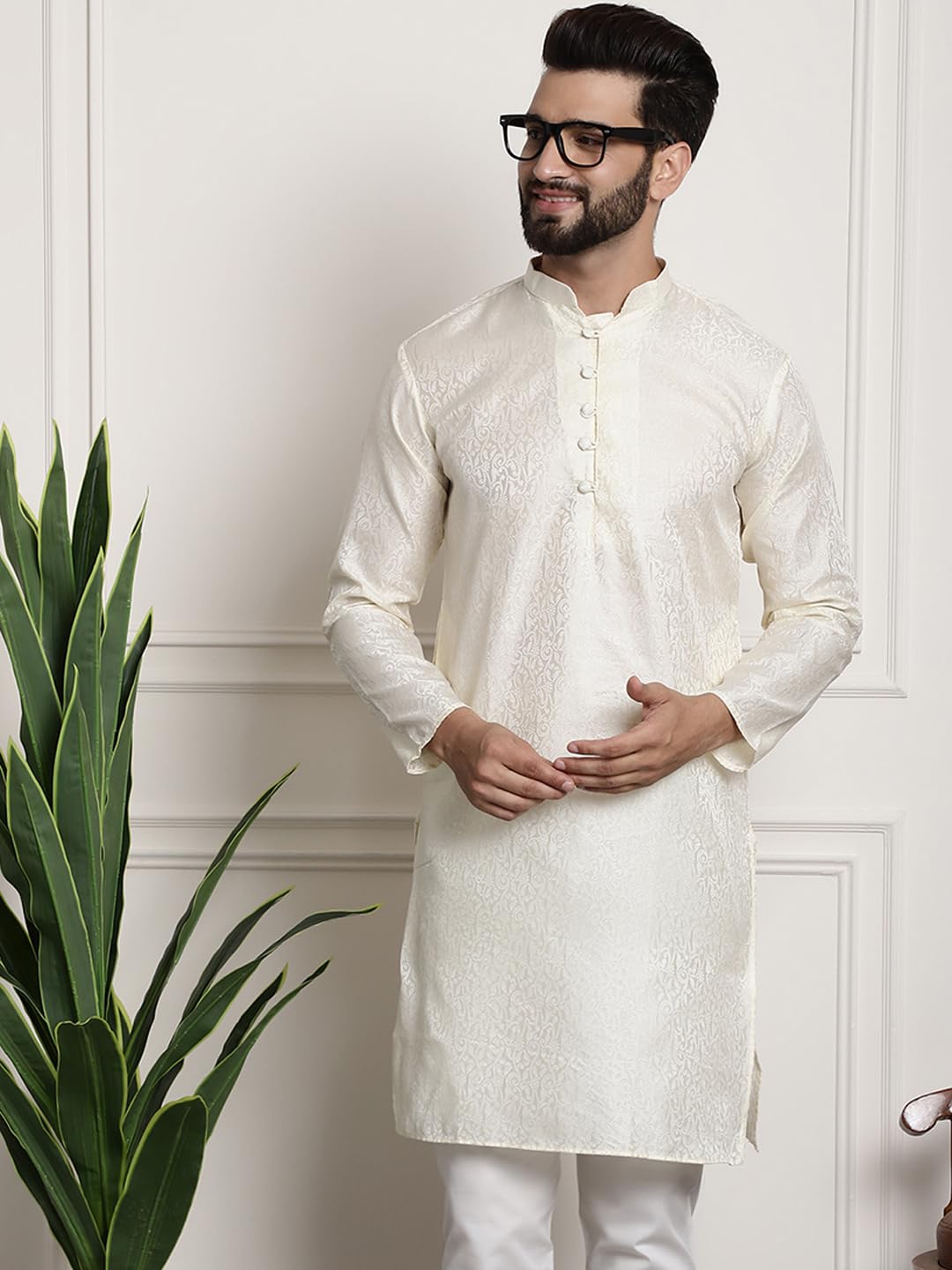 Sojanya (Since 1958 Men's Silk Blend Off White Color Paisley Design Only Long Kurta