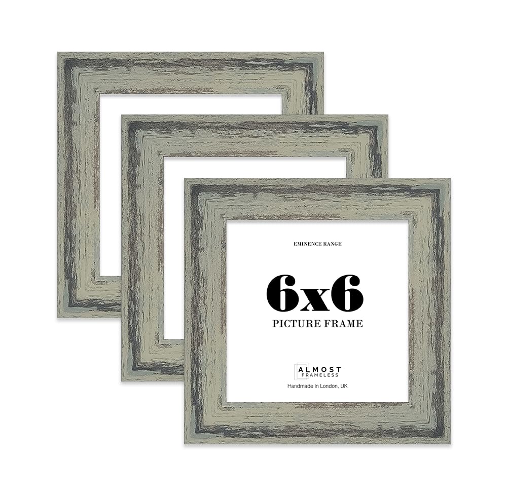 6x6" Distressed Green Picture Frame - Rustic Wood Industrial Effect Photo Frame for Wall Display, Ideal for Posters, Prints & Home Décor, Wall Hooks and Kickstand, 32mm Edge - 3 Pack