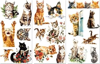 Peacoblue Rub on Transfer Decals for Furniture Crafts 6"x12", 3Pcs Cute Cats Waterproof UV DTF Transfer Decals Sticker for Dresser Lingerie Chests Drawer Glass Porcelain Wood