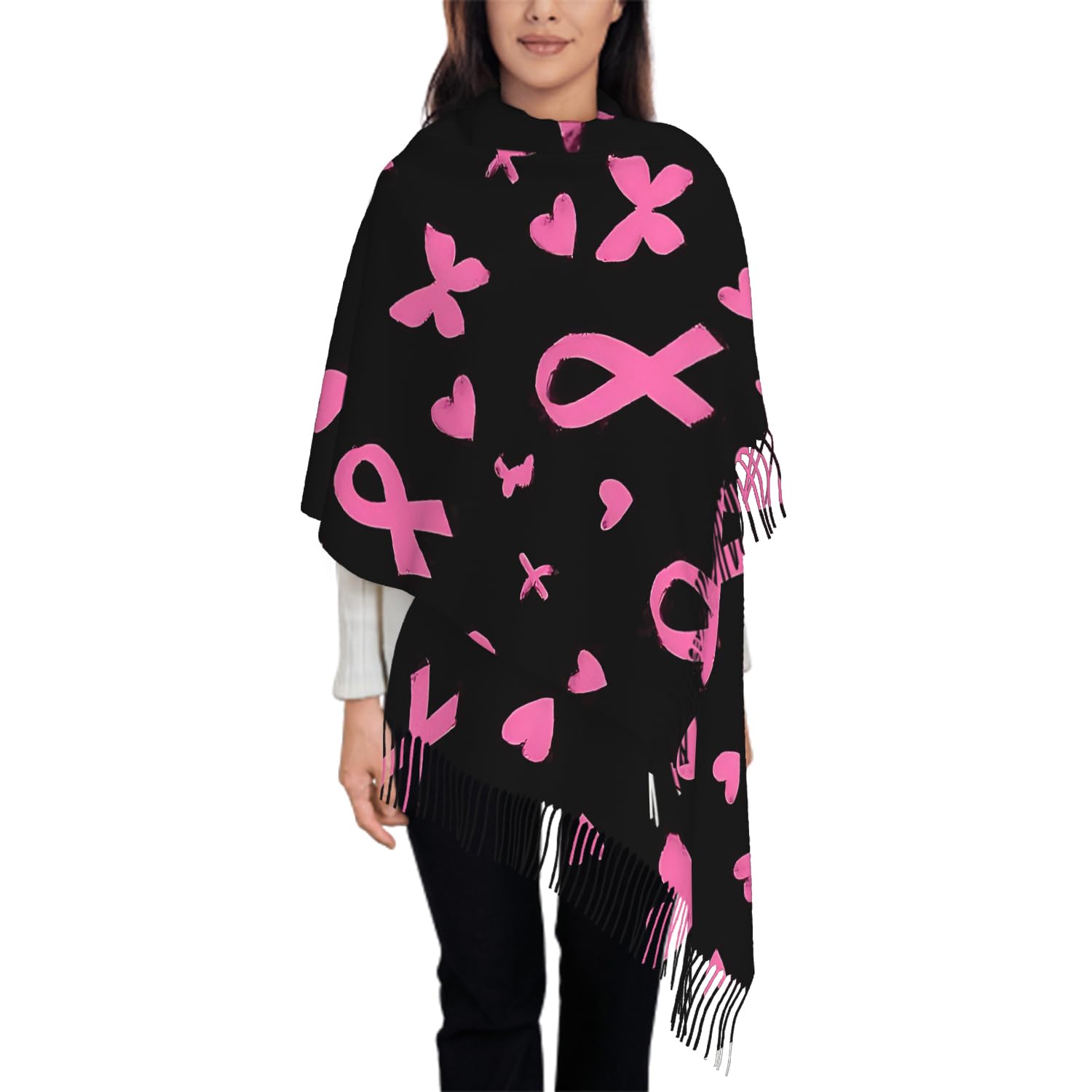 IBILIU Oversize Scarf for Women White Daisy Floral Flower Grey Scarf Tassel Scarves Fall Winter Shawl Wraps - 77.6 x 28.3in