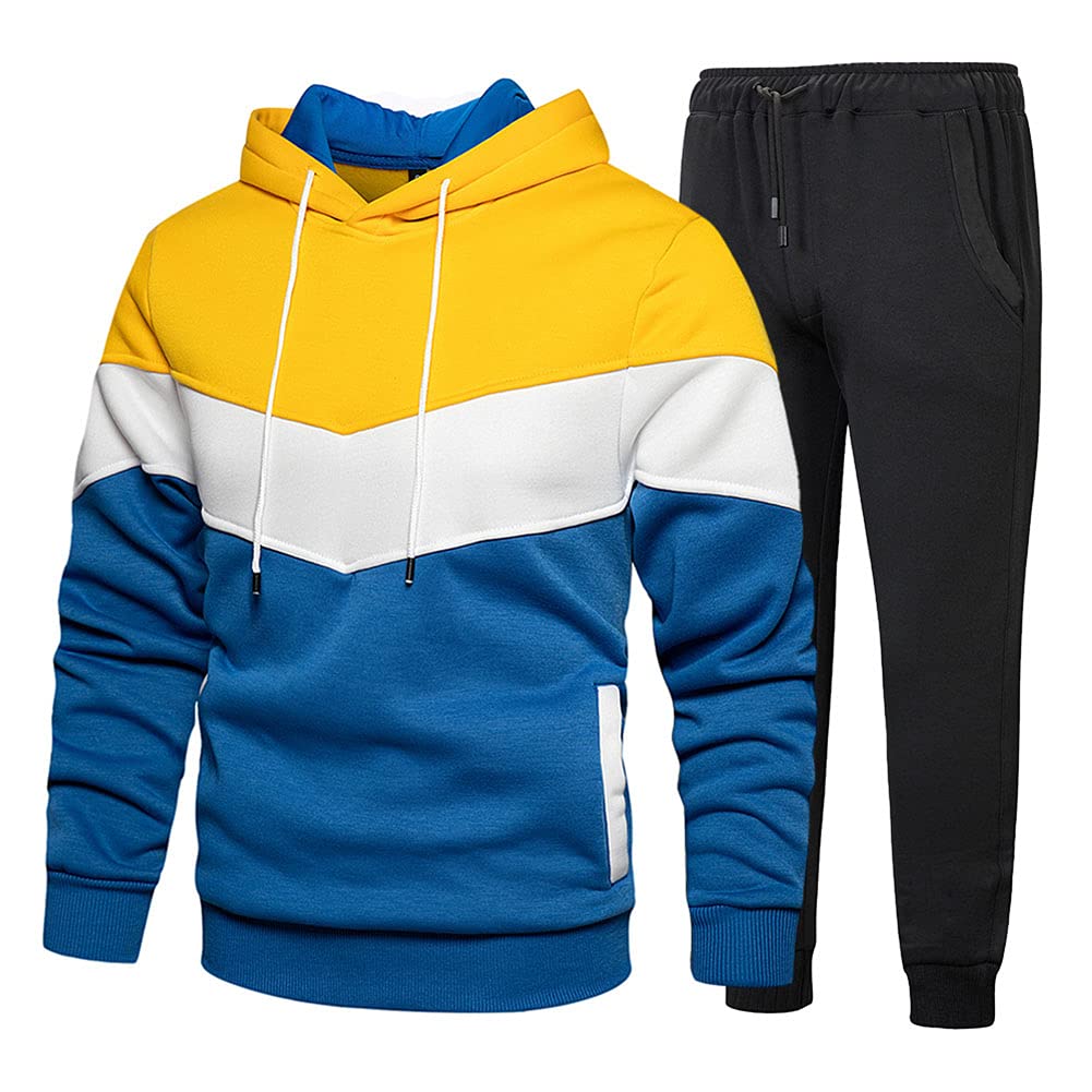 Completo Tuta da Ginnastica Uomo Contrasto Felpa con Cappuccio Top e Pantaloni della Tuta Jogger Tuta Sportiva Patchwork in 2 Pezzi Abbigliamento da Allenamento in Palestra