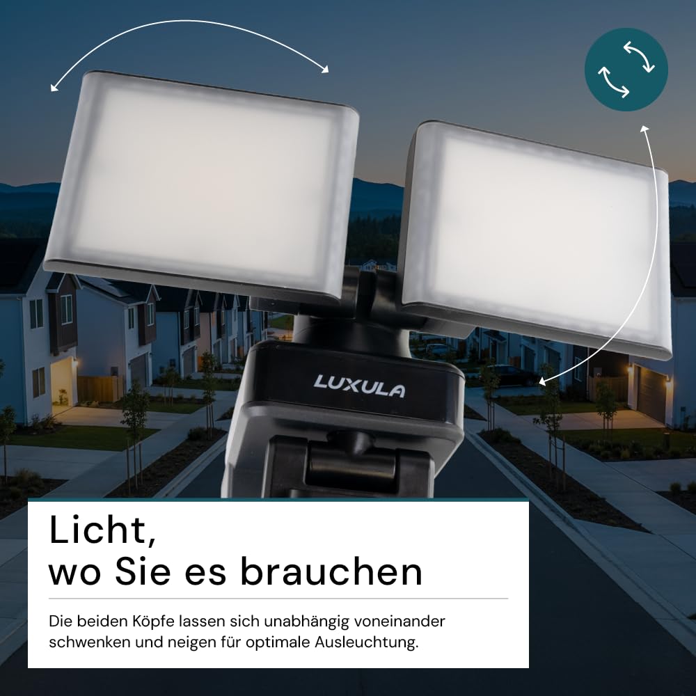 LUXULA LED Strahler mit Bewegungsmelder - 2x 15W, 3200lm - Außenstrahler drehbar, neigbar, Wand und Eckmontage - 4000K Neutralweiß - IP54 Außenleuchte Fluter Flutlichtstrahler Garten Auffahrt