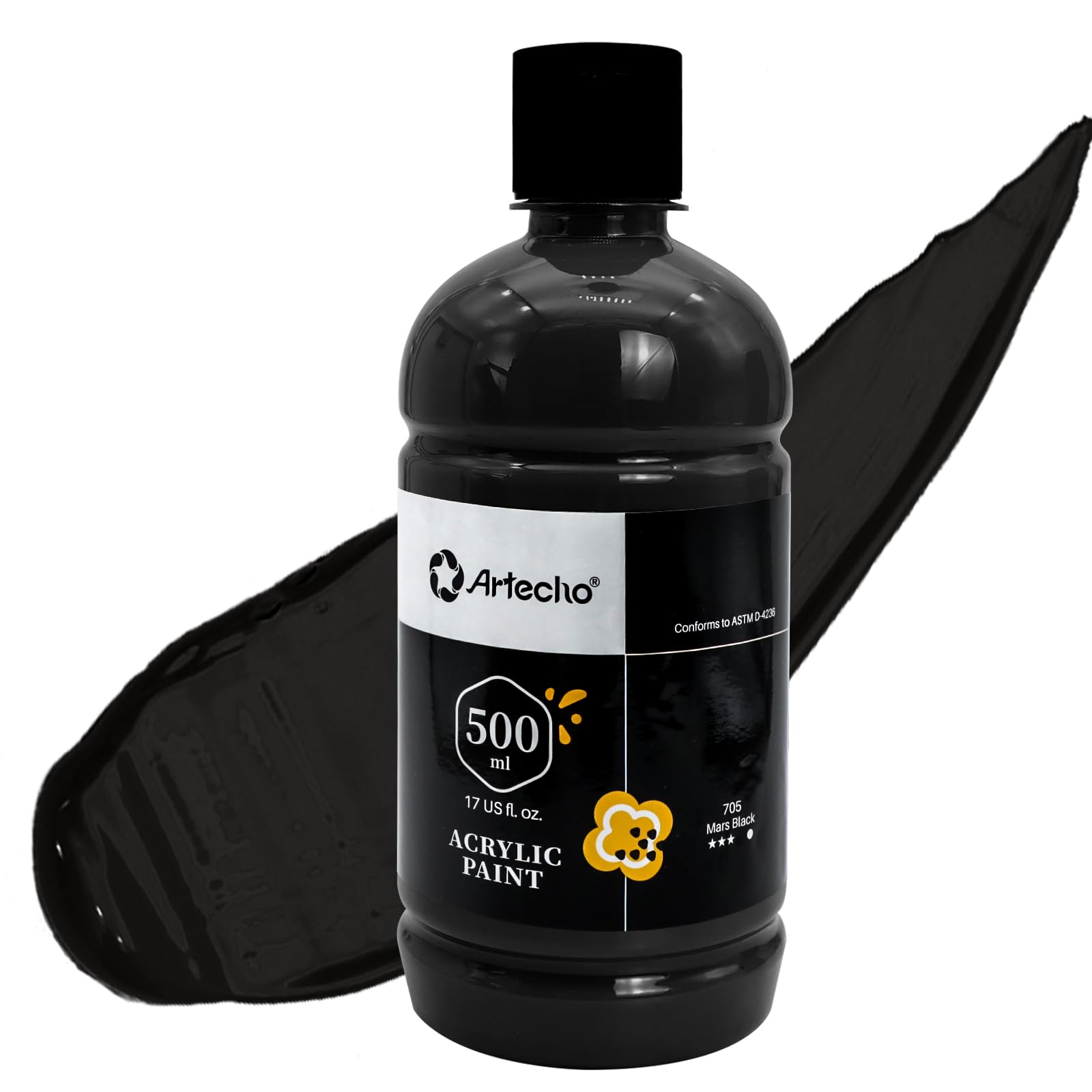 Artecho Mars Black Acrylic Paint Large Bottle 500ml / 17oz, Craft Paint for Canvas, Rocks, Wood,Ceramic, Non Toxic