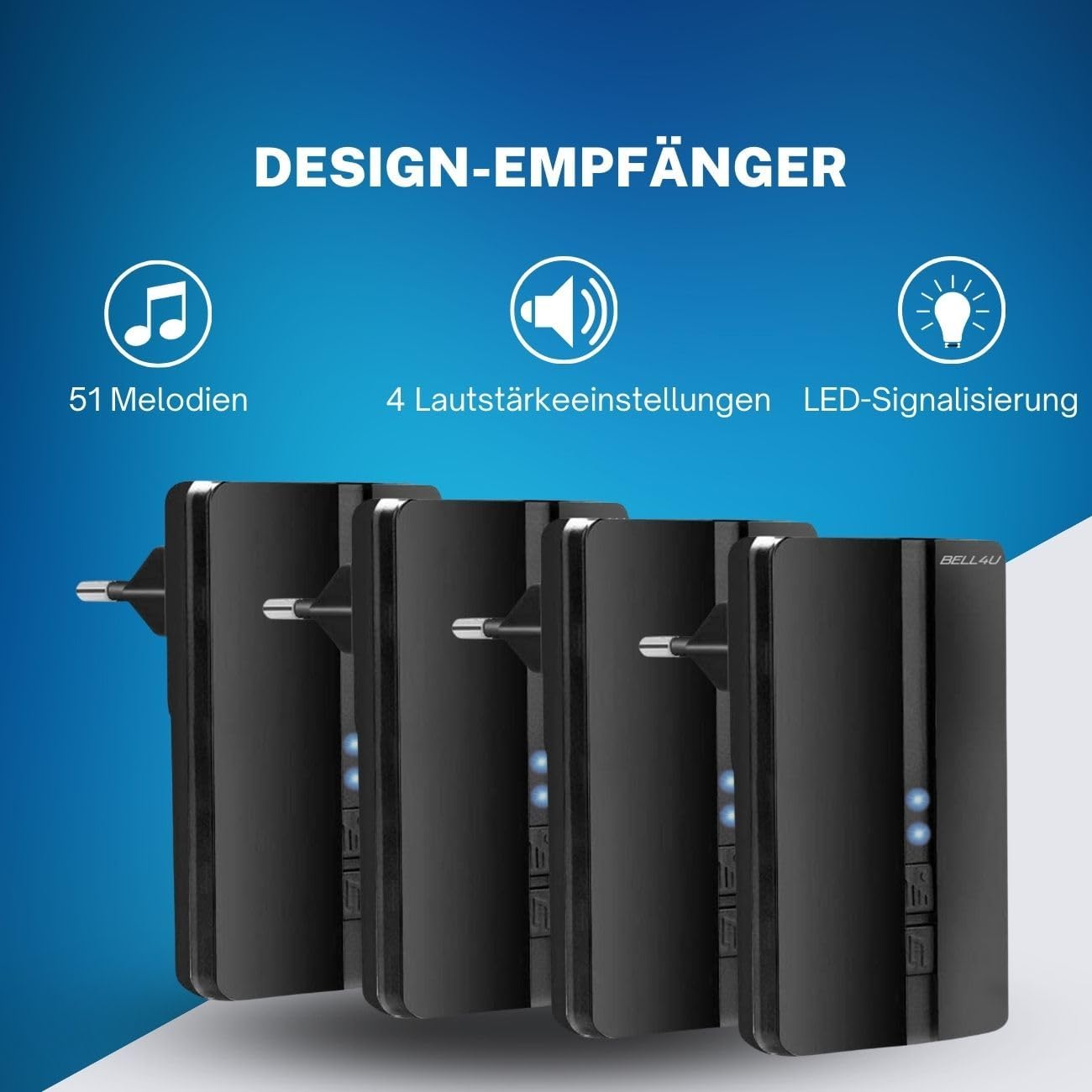 Funkklingel Set, batterielos, 1 Sender, 4 Empfänger | Keine Batterien erforderlich, 200 m Reichweite, IP55, 51 Melodien, 4 Lautstärken, LED-Anzeige, einfache Montage