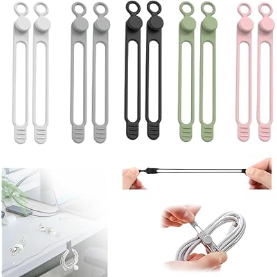 Silicone Cable Ties, Reusable & Washable Adjustable Fastening Cord Management Straps, Multi-Purpose High Elasticity Cords Organizer for Travel/Office/Home (5Color, 10Pack)