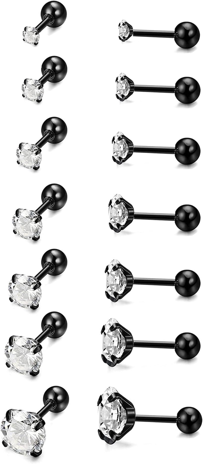 HQLA7 Pairs 20G Stainless Steel Stud Earrings Clear Round Cubic Zirconia Barbell Earring Set For Men Women Girls 2MM-8MM Rose Gold/Black/Silver Tone
