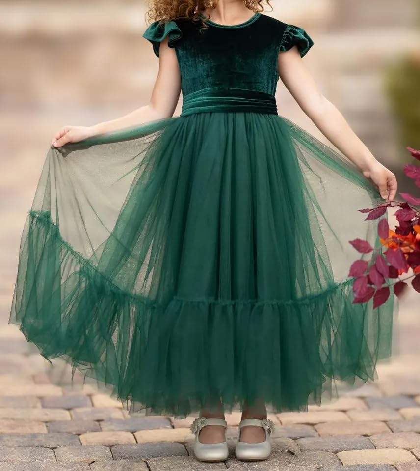 Toddler Velvet Ruffle Sleeve Dress Flower Girl Dress for Evening Party Holiday Dress T0523