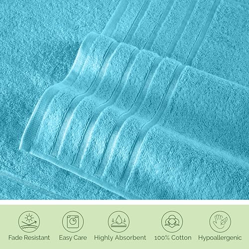 Image of Elegant Comfort 100% Turkish Cotton 4 Lines Viscose Stripe Luxury 4 Pack Hand Towel Set - Ultra Absorbent and Soft 16 x 28 Inch Premium Hotel Spa Quality Towels for Everyday Bath Use, Aqua