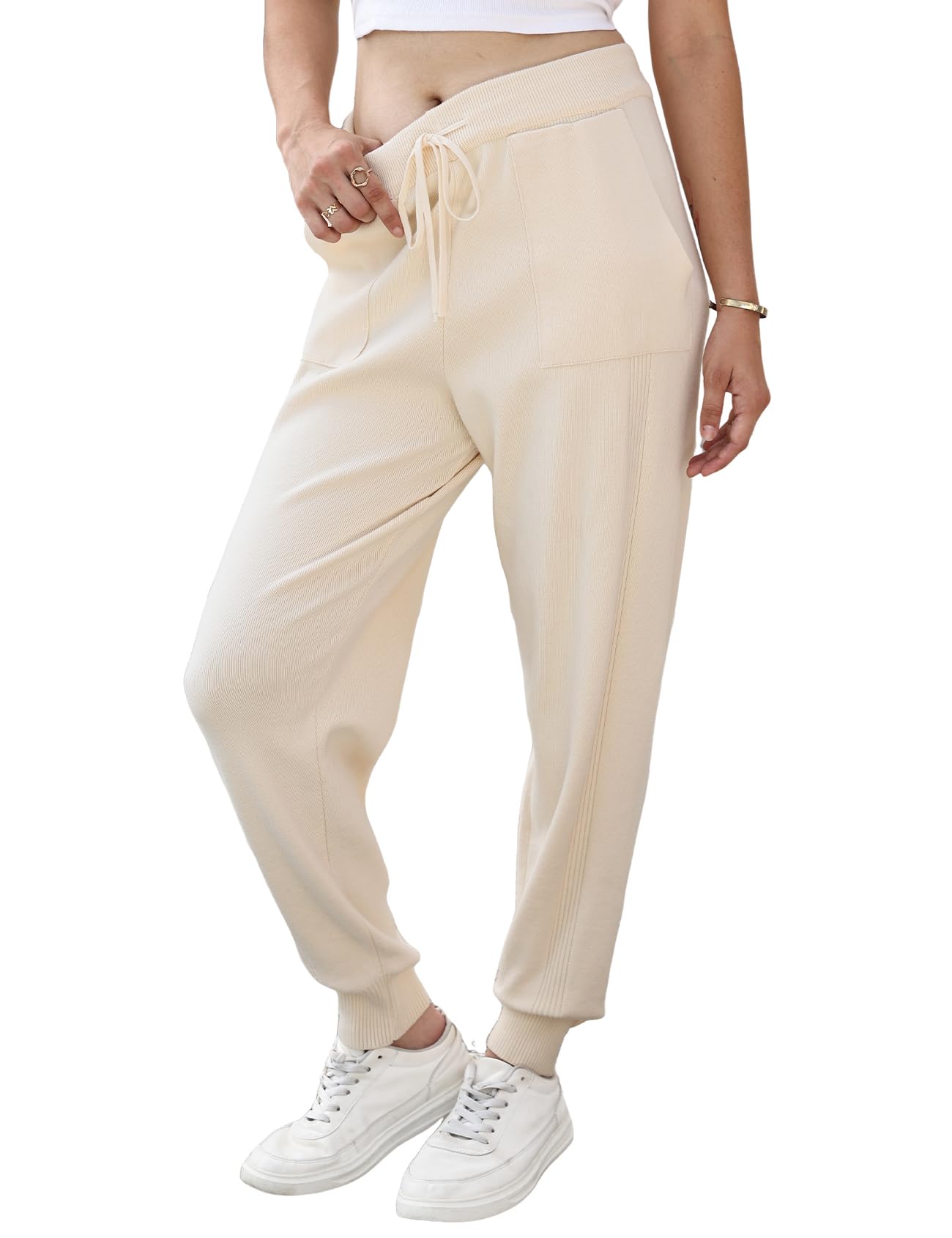 Gihuo Women s Sweater Pants Elastic Waist Palazzo Harem Pants Knit Joggers with Pockets