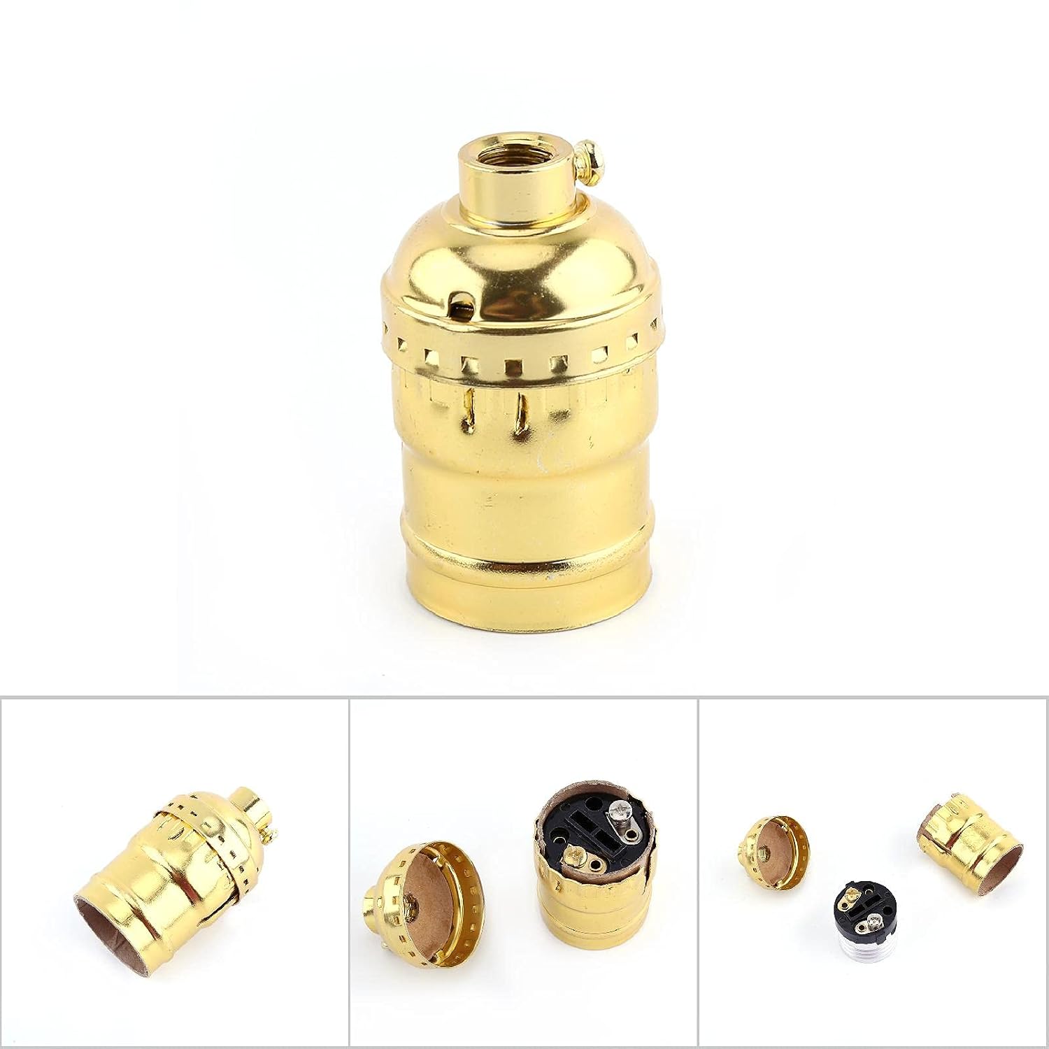 Vintage E27 Pendant Bulb Stand Retro E27 Lamp Holder Aluminum Socket Without Switch and Wire for Home Kitchen (Gold Without Switch and Wire)