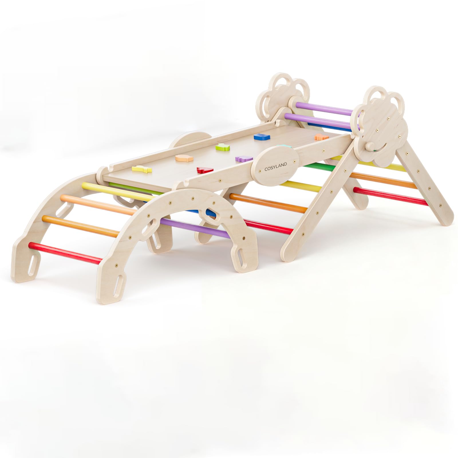 COSYLAND Arrampicata per Bambini 8 in 1, Triangolo Pikler, Colori Mix | Regolabile e Pieghevole in Legno, Scivolo Reversibile e Arco Montessori, 18 Mesi-6 Anni, da Interno, Scatola Regalo