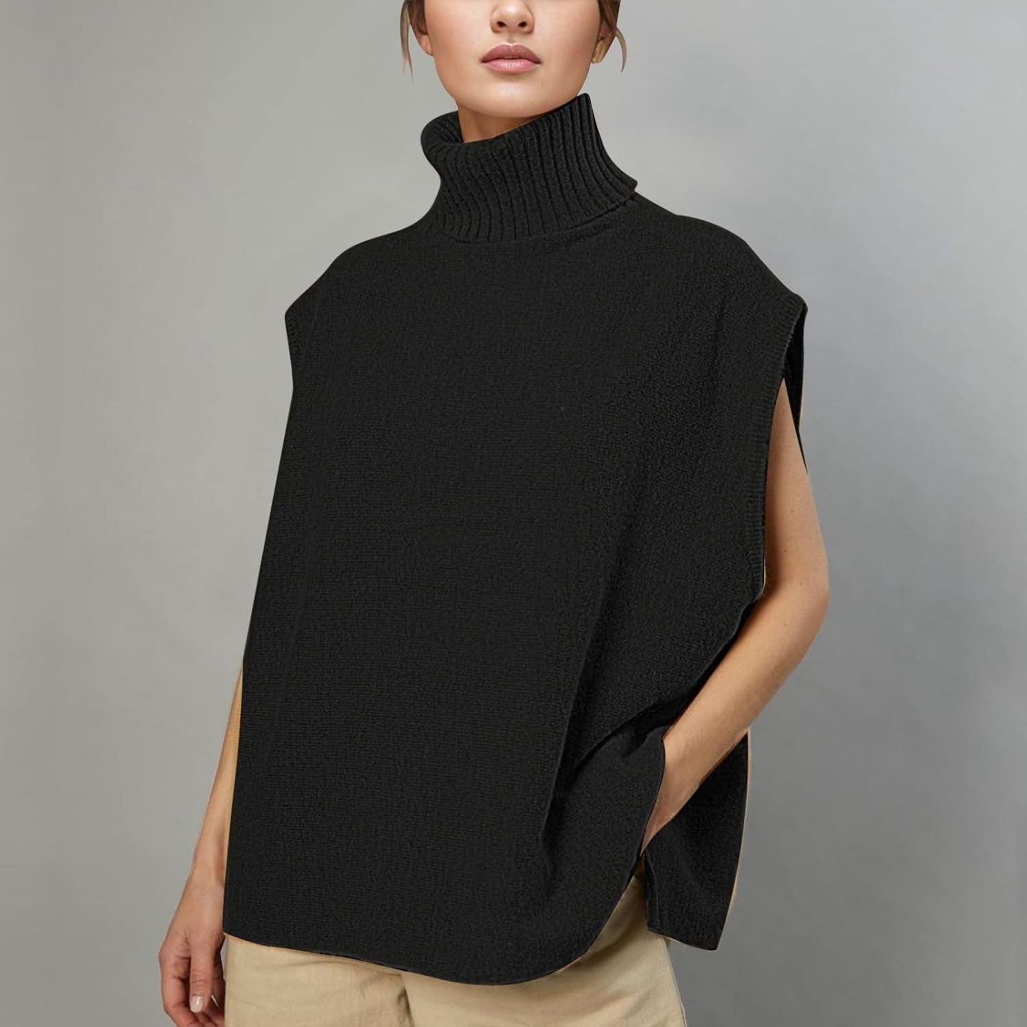 レディース タートルネック ノースリーブ セーター ファッショナブル カジュアル プルオーバー