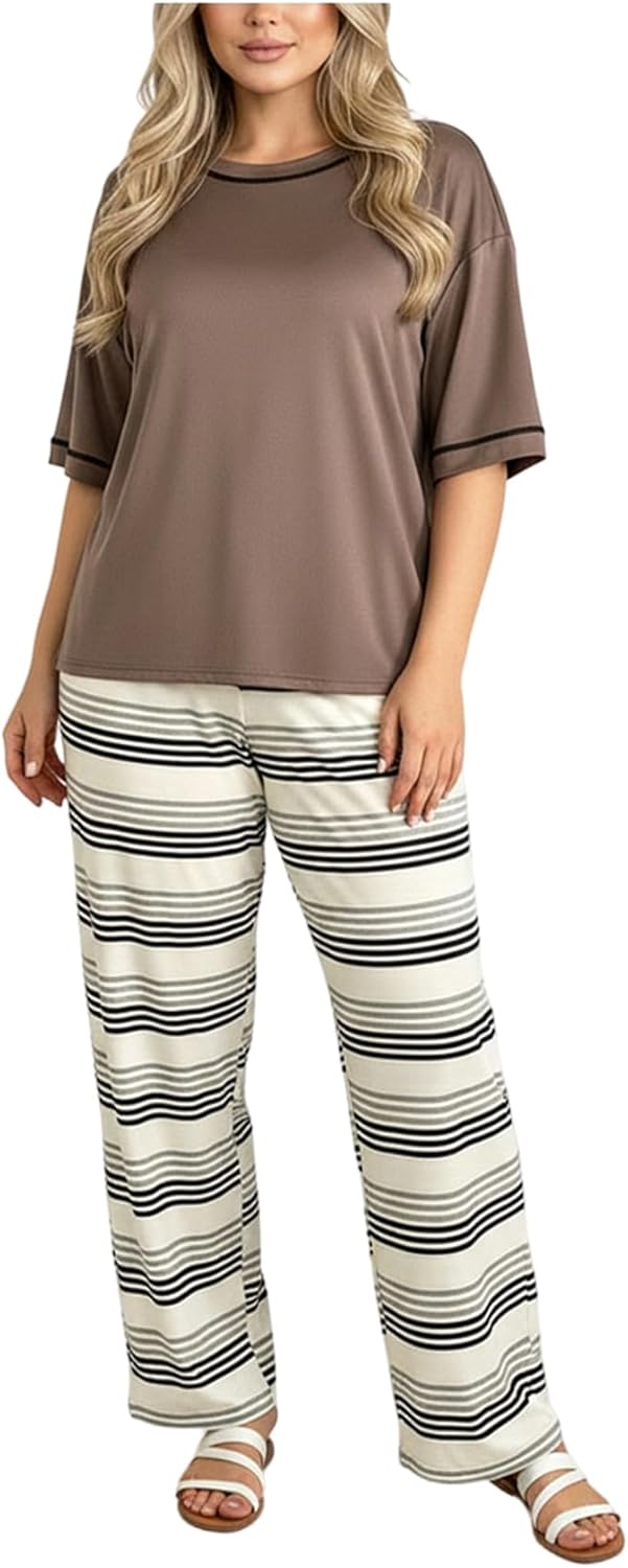 Women's Plus Size 2 Piece Pajama Set Summer Crew Neck Half Sleeve T Shirt and Striped Pants Loungewear