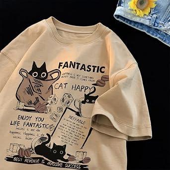 ユニセックス Y2k キャット レター プリント Tシャツ 原宿 カワイイ カジュアル オーバーサイズ Tシャツ 半袖 コットン トップス
