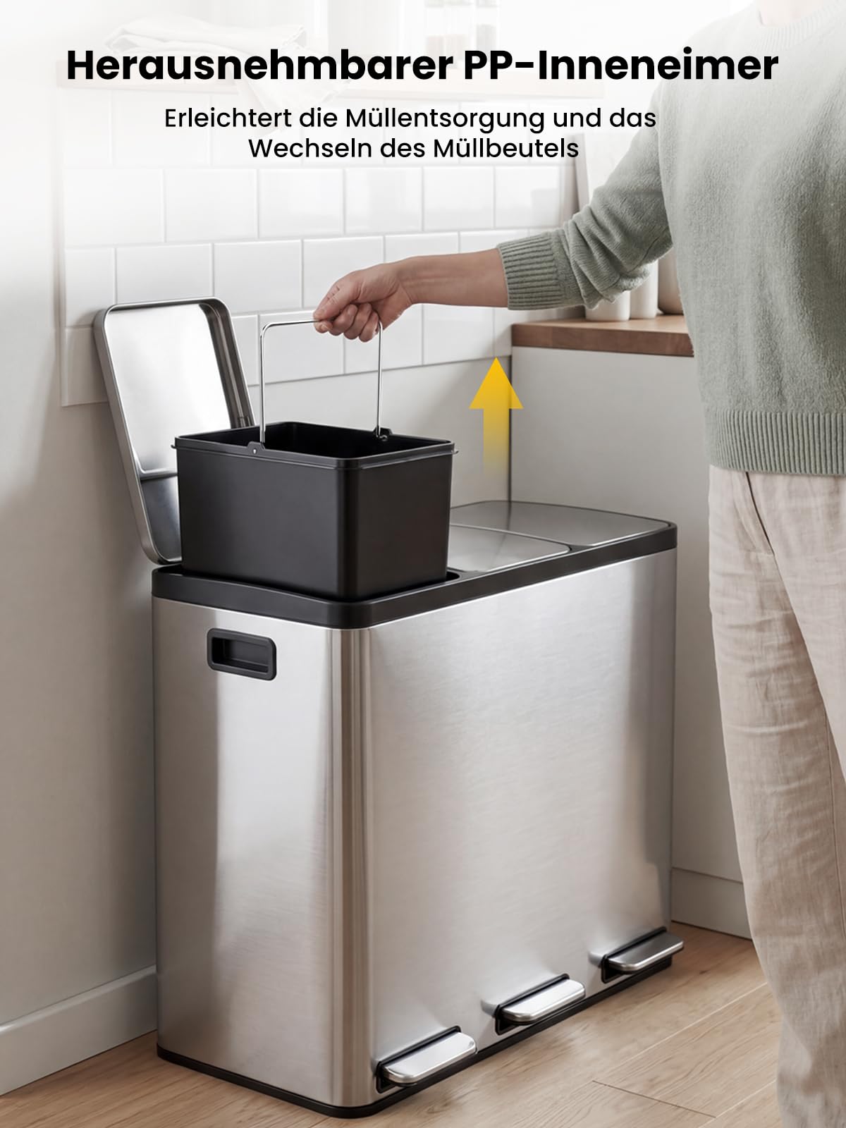 YEAUPE PRO Poubelle Cuisine 3x18L à Pédale, 54L Inox Poubelle Tri Sélectif 3 Compartiments, Triple Ouverture Indépendante, Soft Close Silencieux, Bacs Amovibles, 15 Sacs Inclus