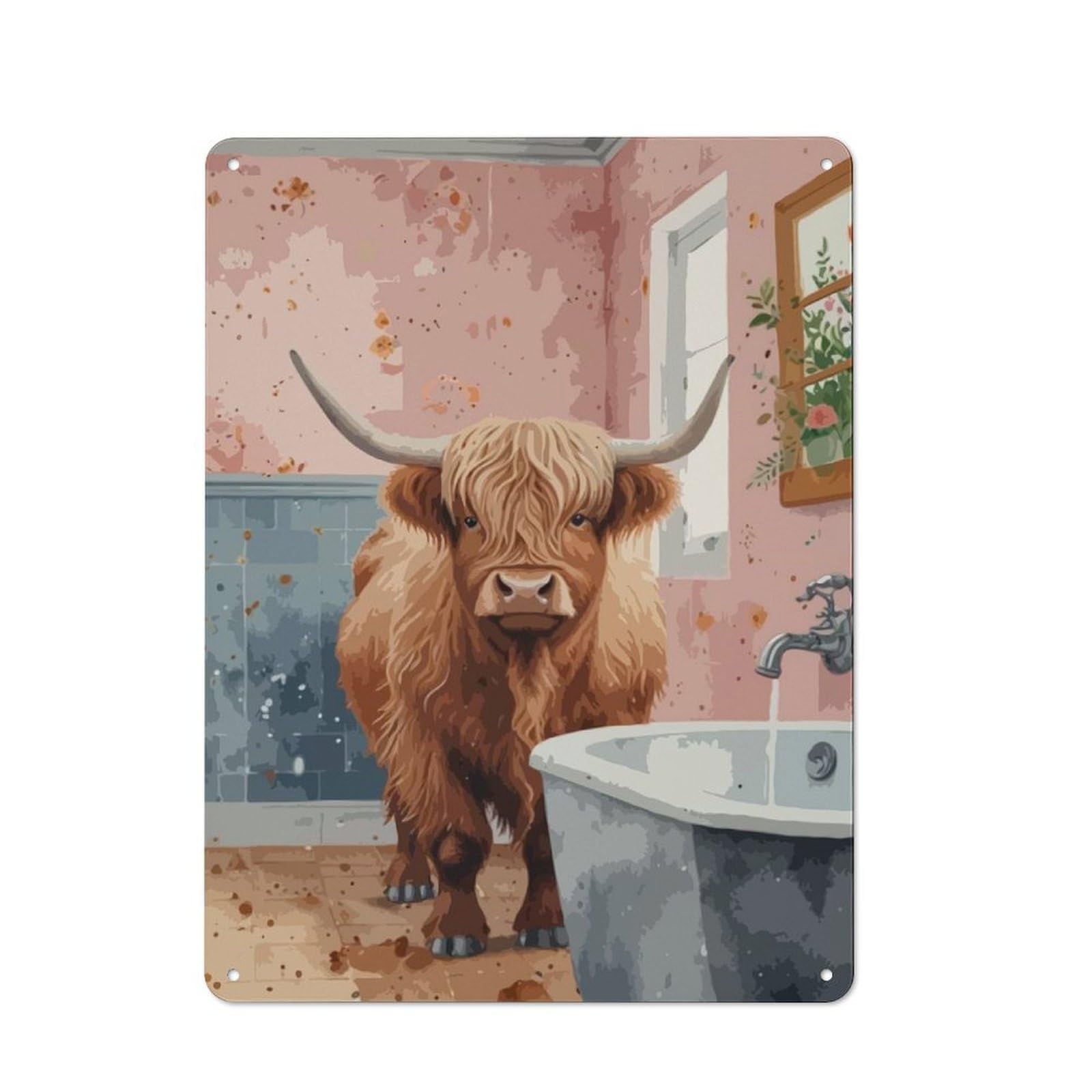 Junmoney Style-20 Shed Style Decorative Metal Plaque 40X30cm Featuring Highland Cow In Bathroom, Porch Wall Decor For Patio Bar, Workshop, Shed Or Kitchen