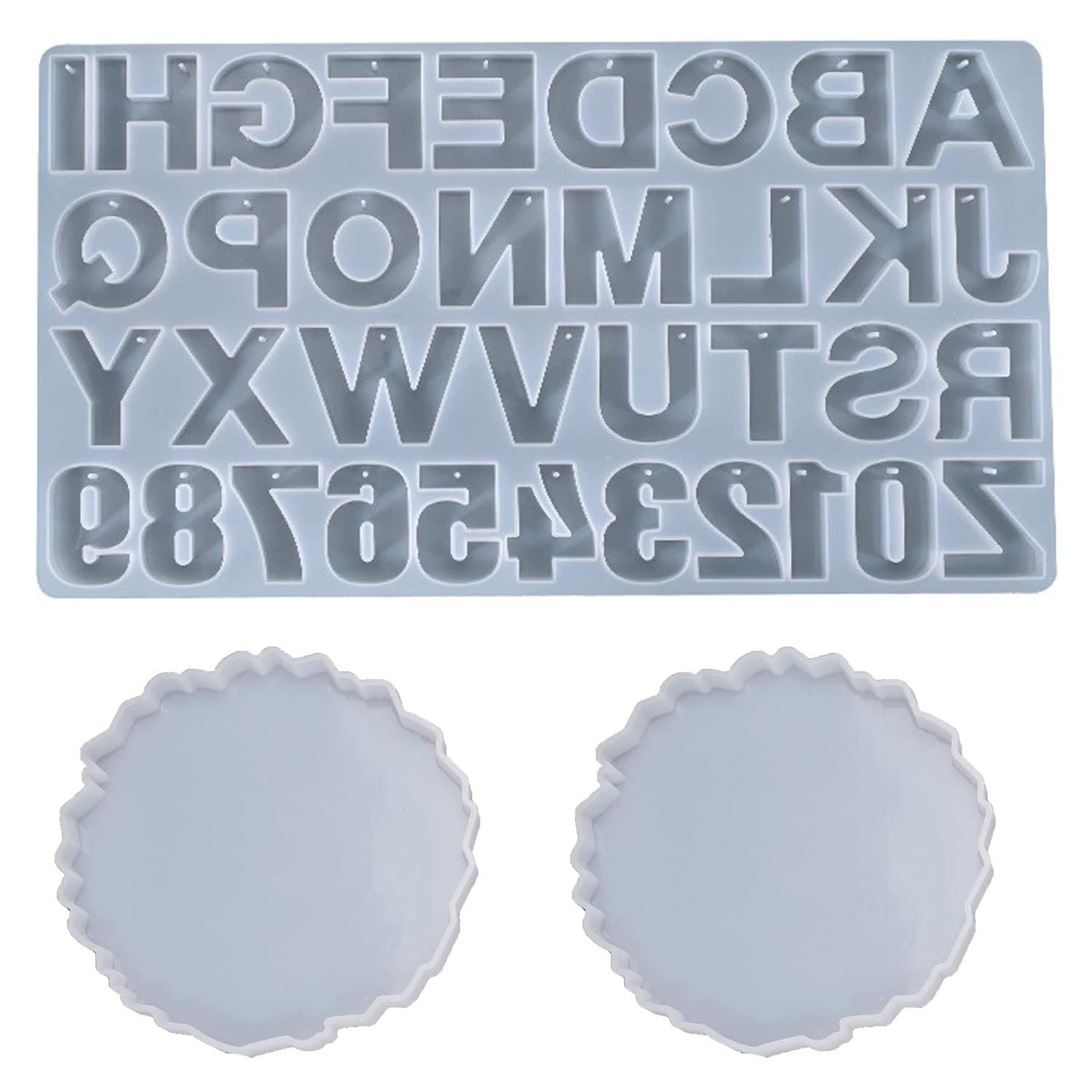 SNOOGG® 3D Alphabet & Number Silicone Resin Molds with Built-in Hole Enablers for DIY Pendants, Keychains, Earrings, and Epoxy Resin Art, Includes 2 Mandala Coasters