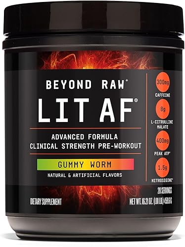 Miniatura 11 de BEYOND RAW LIT AF - Fórmula avanzada de preentreno en polvo Clinical Strength, contiene cafeína, L-citrulina y nitrosigina, sabor dulce y ácido, 20