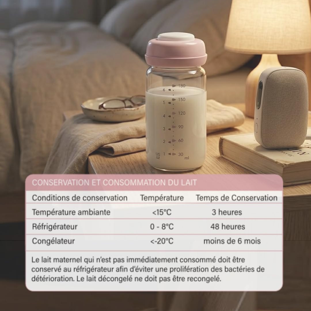 Bouteille lait maternel verre borosilicate 180 ml, pot conservation lait maternel hermétique, contenant réutilisable pour congélation et stockage, sans BPA