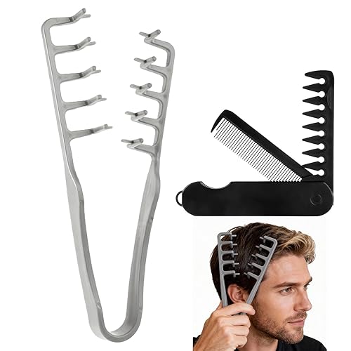 Peine voluminoso de dientes anchos para hombre, 2 en 1, dientes anchos y finos para textura y estilo esponjosos, peine plegable de viaje con agarre