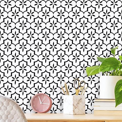GloryTik Black Contact Paper Trellis Wallpaper White and Black Geometry Pattern Peel and Stick Wallpaper Self-Adhesive Removable Wallpaper White Modern for Cabinet Drawer Lining Wall Decor 17.7"X118.1"