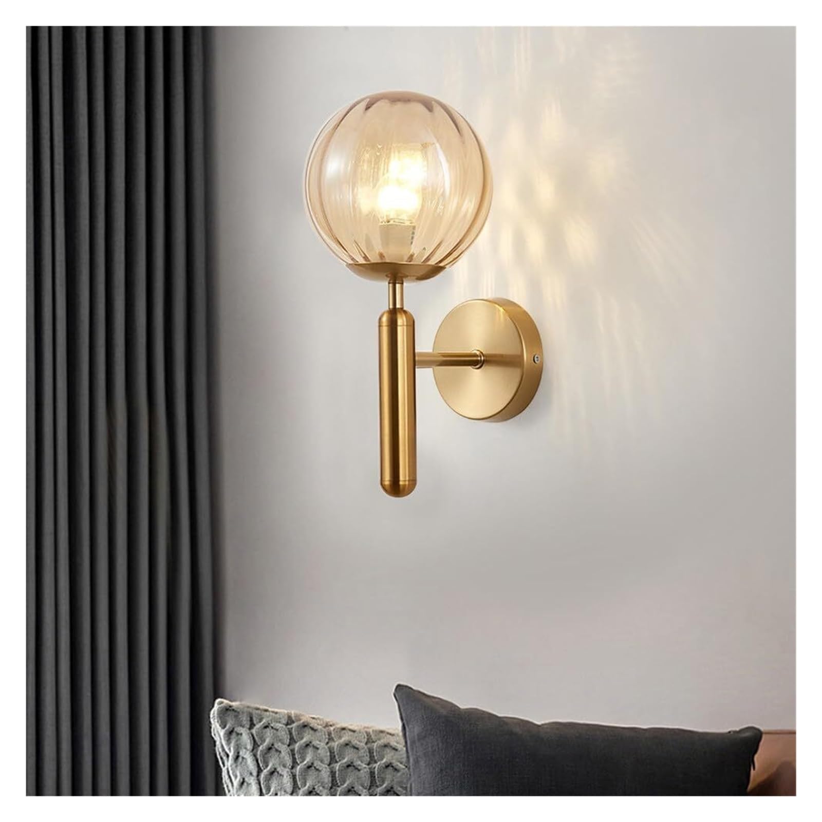 SXSCARKX Modern 1-Light Wall Sconces Gold Light Fixture with Streak Amber Glass Globe Lampshade Iron Armed Sconce Minimalist Design Lamp for Bedroom Living Room E27(Gold,Streak Amber)