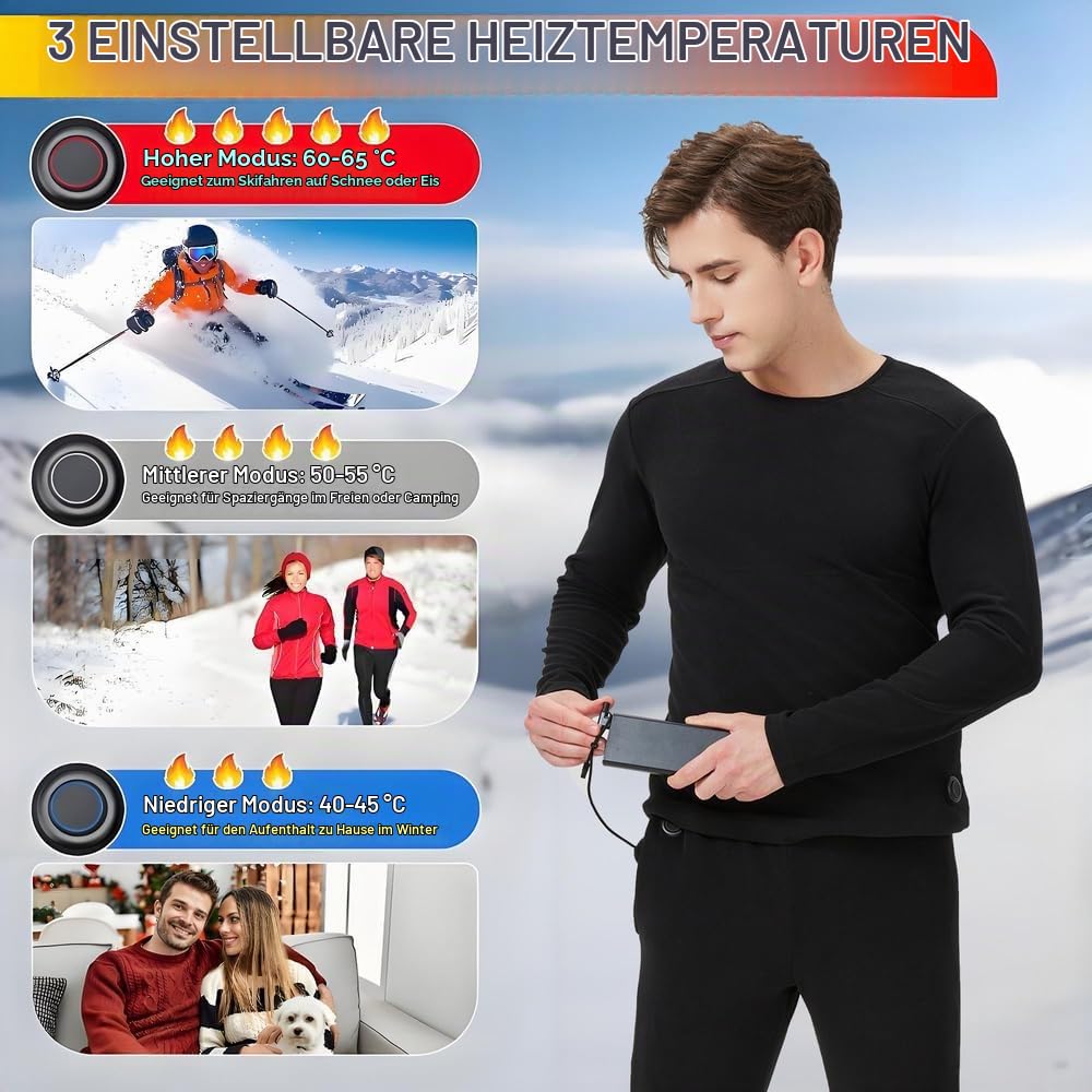 Beheizte beheizbare Unterwäsche Set Herren USB-Aufladung 42 Zonen intelligent beheizbar Thermounterwäsche Oberteile Hosen & 3XL
