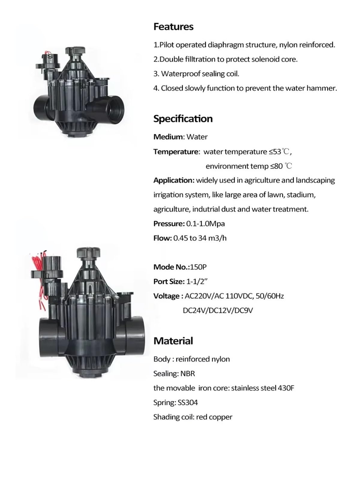 Electroválvula de riego de 1-1/2 Pulgadas, 220 V, 12 V, 24 V CC, con Enclavamiento y regulación de caudal for Uso agrícola.(DC 12V)