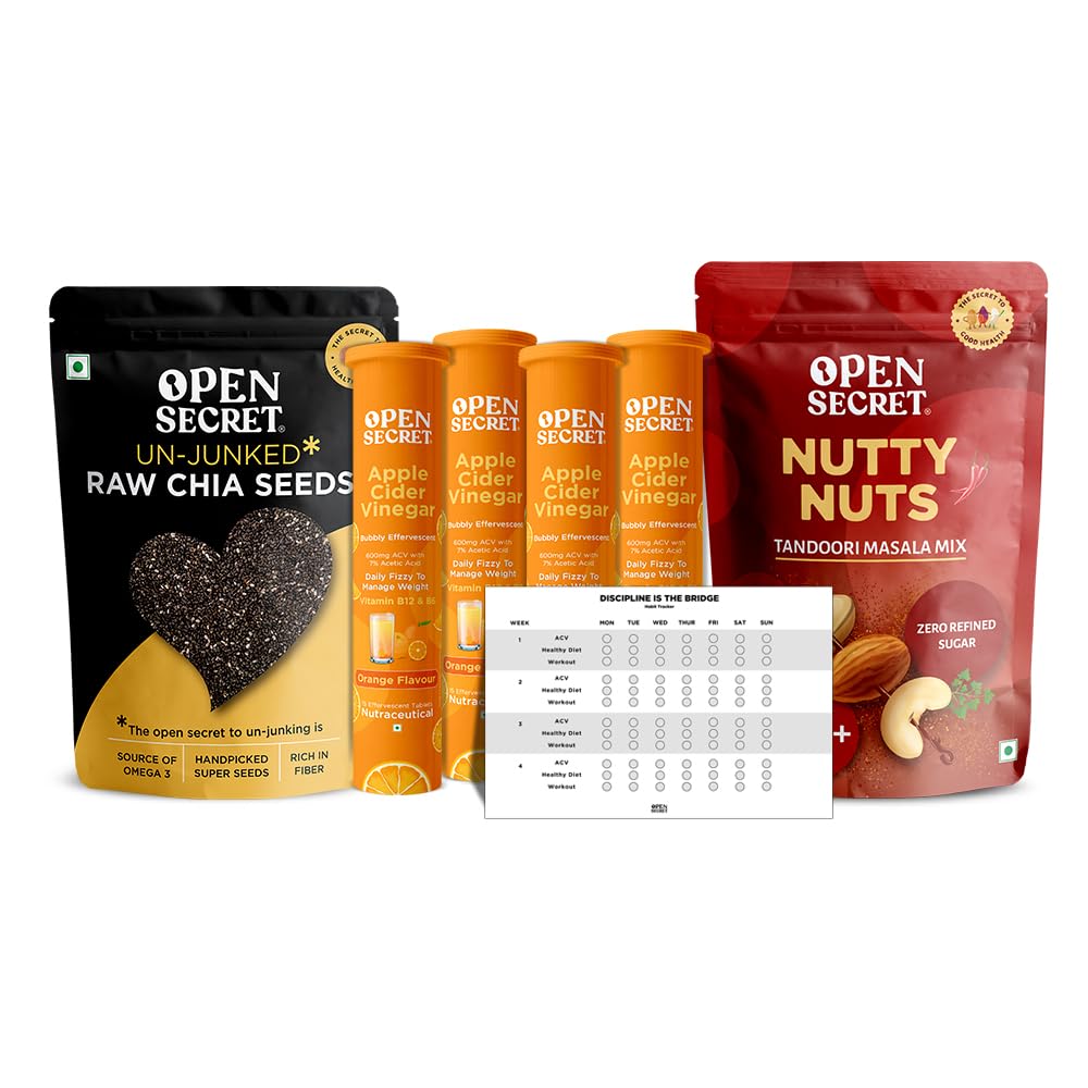 Open Secret Weight Loss Box | Combo of 4 | Chia Seeds, Apple Cider Vinegar with the Mother, Tandoori Nuts and a Habit Tracker card, Healthy snacks, 100% Vegan, No Artificial Preservatives or Sweetener