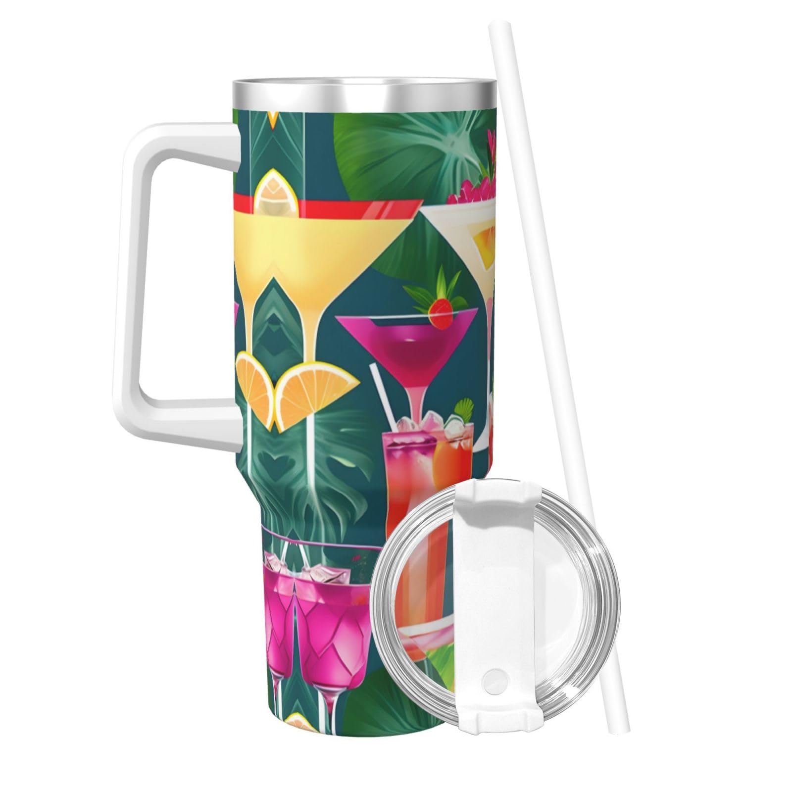 Tropical Cocktail - Botella de agua de acero inoxidable con aislamiento de doble pared con asa y tapa con popote