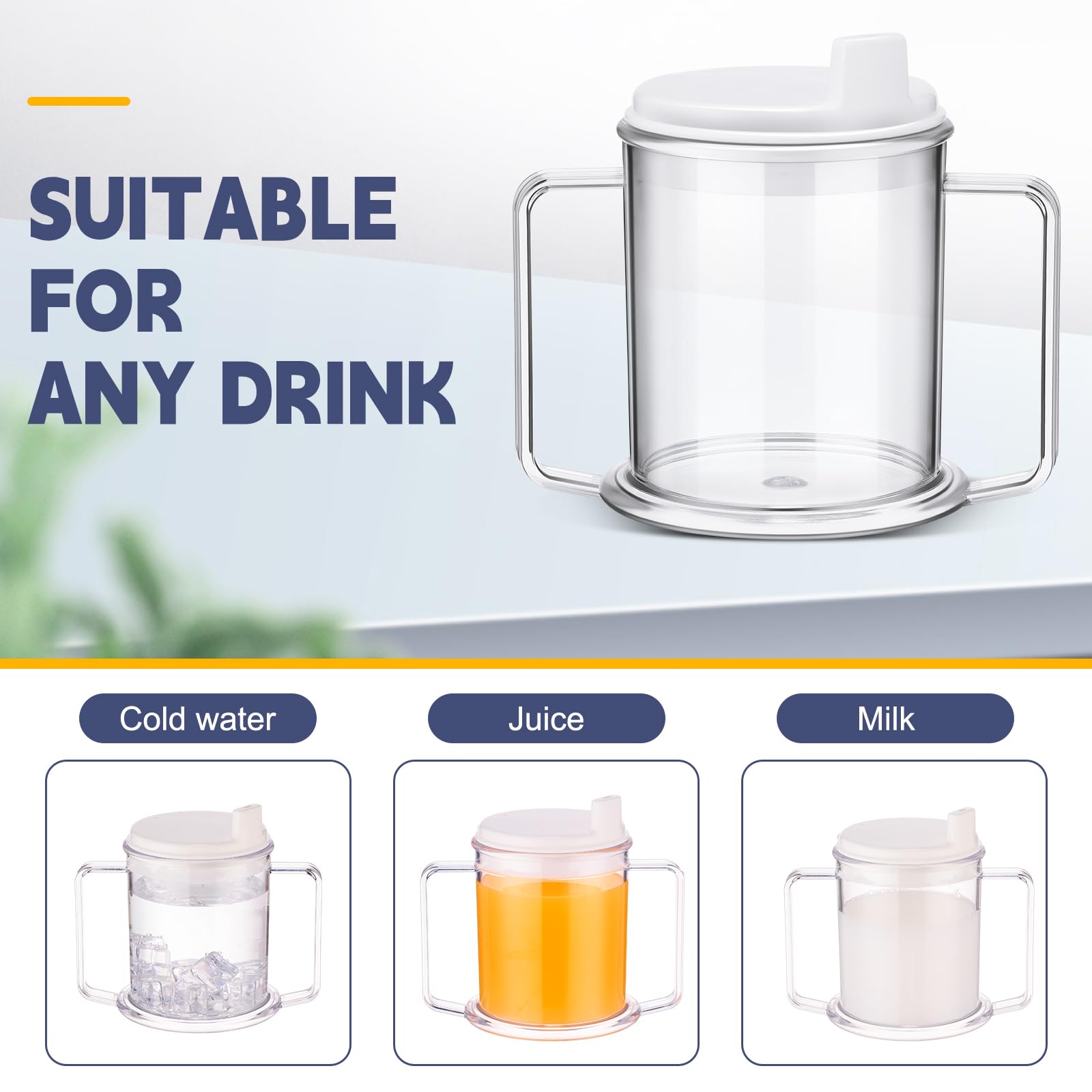 Tioncy 12 vasos de plástico para adultos de 13.5 onzas con 2 asas, tazas de plástico con asas a prueba de derrames, tazas ligeras para discapacitados para adultos mayores con movilidad limitada
