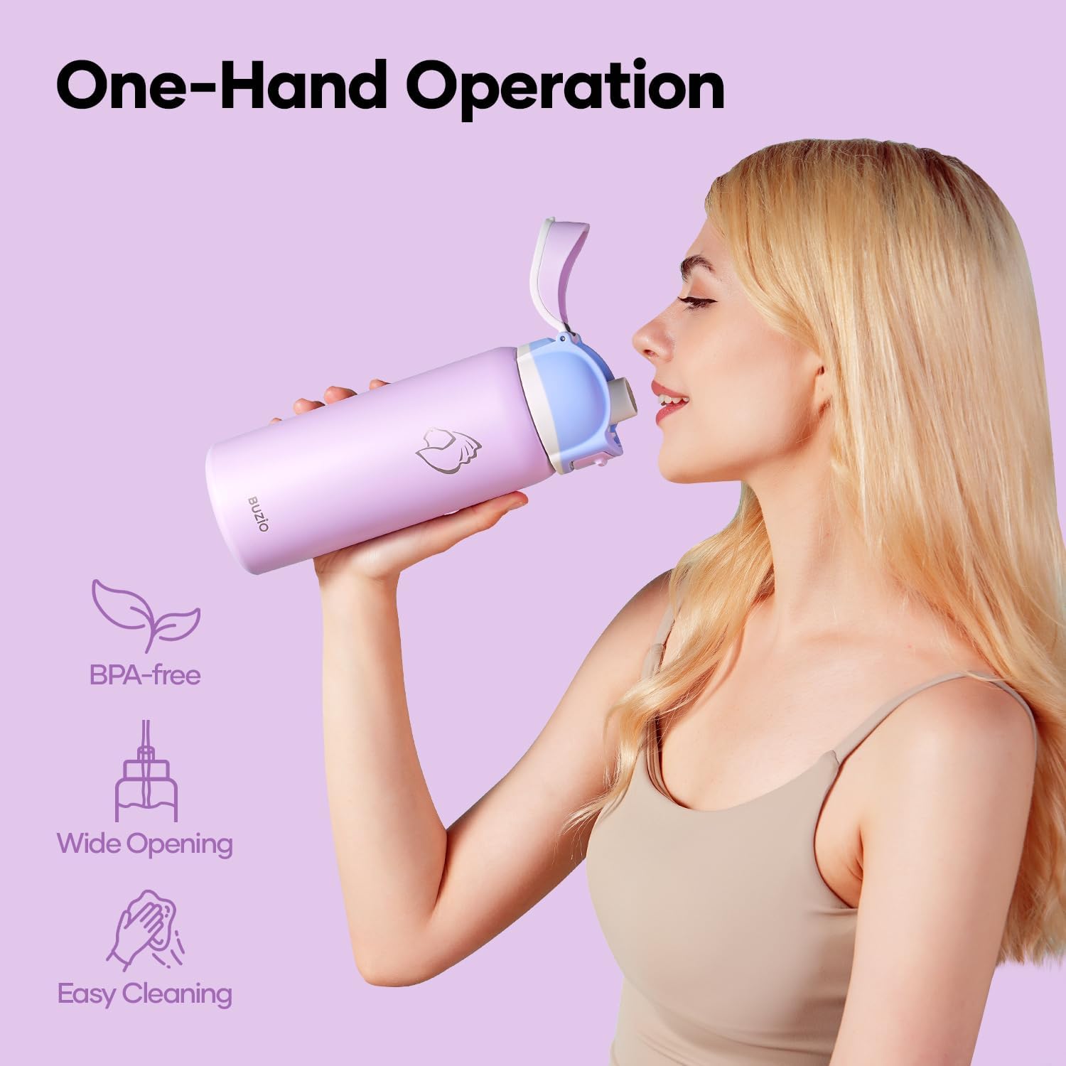 BUZIO 32 oz Insulated Water Bottle - Stainless Steel with Chug Cap, Leakproof Locking Lid, Carry Loop, Wide Mouth, Dishwasher Safe, Gym Sports Travel Work Outdoors, Gifts for Women & Men, Light Purple - Image 5
