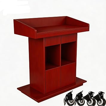 Wooden Lectern Podium Stand with Lockable Wheels, with Wooden Heavy Base, Mobile Rolling Church Pulpits, Office Wooden Reception Desk, Host Stand for School Conference,Walnut