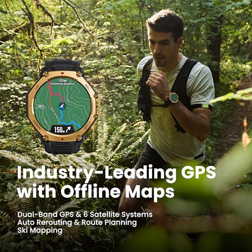 Image of Amazfit T-Rex 3 Pro Outdoor Smart Watch 48mm Sapphire AMOLED Display with Flashlight, Ti Bezel, Dual Band GPS, Offline Maps, 25 Days Battery, 10 ATM, 180+ Sports Mode for Android & iPhone, Black Gold