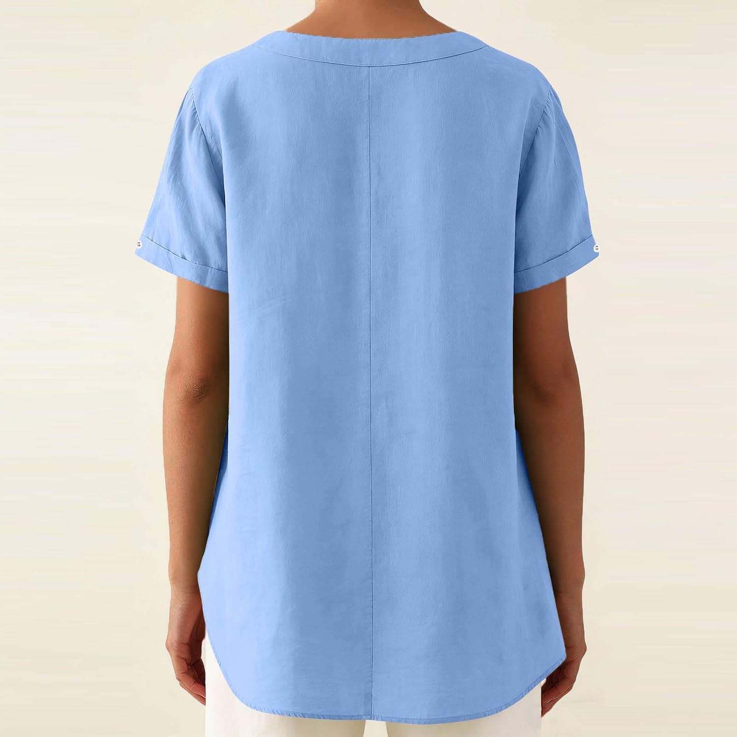 Linen Shirts for Women Cotton V Neck Button Up Top Loose Fit Summer Casual Tops Short Sleeve Lightweight Blouses
