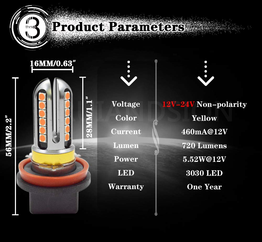 Ruiandsion 2 szt. żarówki przeciwmgielne LED H8 H11, żółte bursztynowe, super jasne chipset 3030 24SMD, 12-24V, żarówki zamienne LED do świateł przeciwmgielnych lub DRL