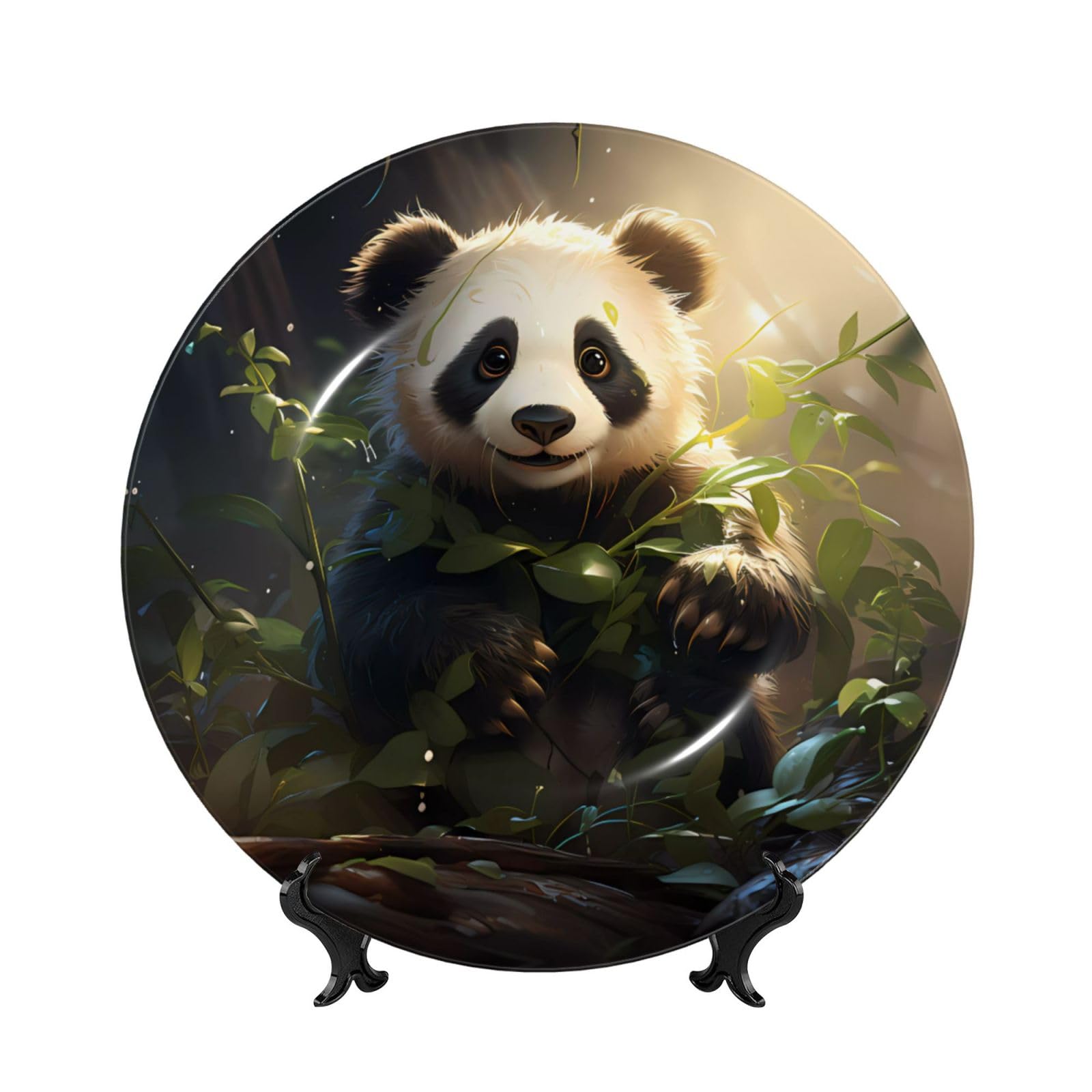 SXZVVBN Cute Panda Plant Bone China Decorative Plate Art with Stand Removable Adhesive Hanging for Home Office 10in（25cm）