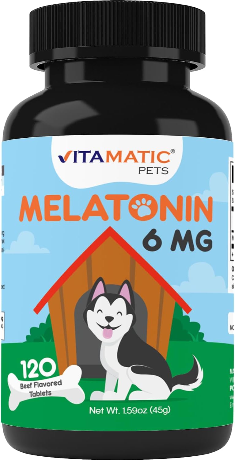 Vitamatic Melatonin for Dogs - 6 mg - 120 Beef Flavored Chewable Tablets ((Pack of 1))