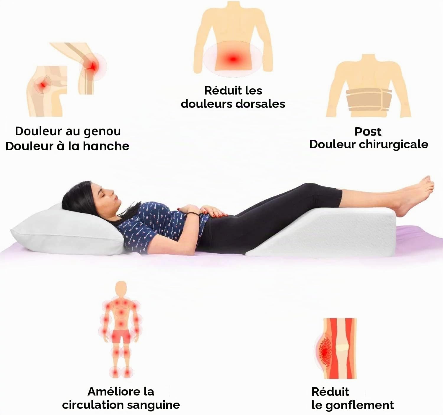 Coussin de levage de jambe pour dormir après une chirurgie, coussin en mousse pour les jambes et les genoux, améliore la circulation sanguine, comprend une housse amovible