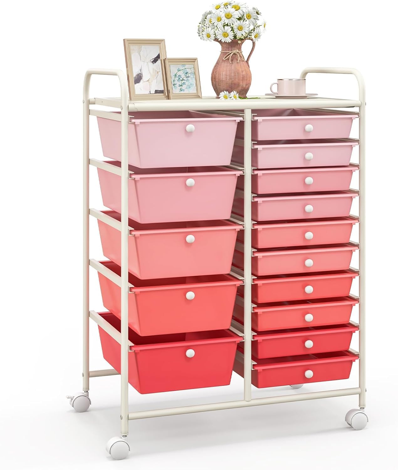 FANTASK Rollwagen mit 15 stapelbaren Schubladen, Schubladenwagen Rollcontainer mit Metallgestell, Badrollwagen Aufbewahrungswagen für Büro Wohnzimmer, 62,5 x 37 x 87 cm, Rosa