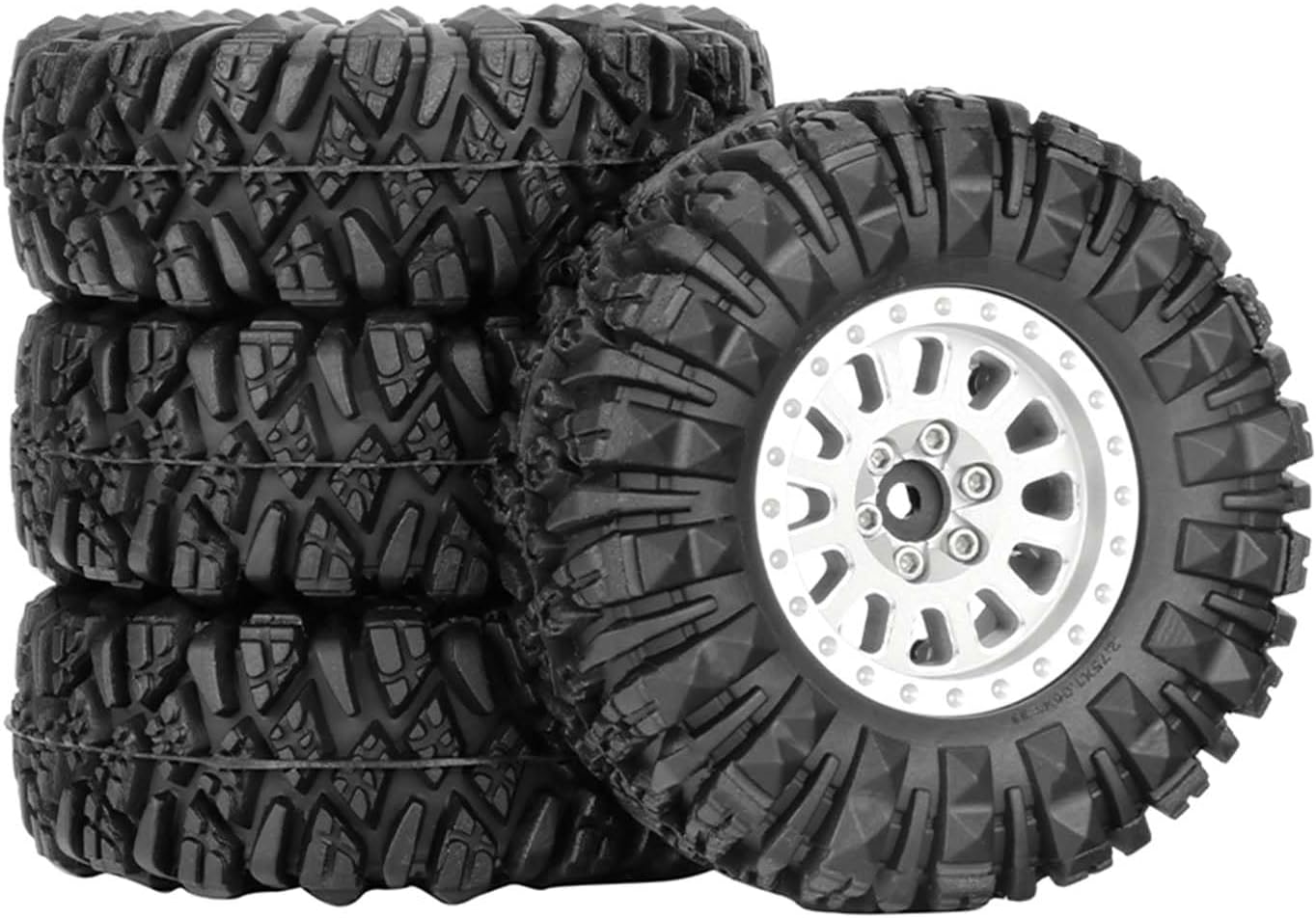 1.3” All-Terrain Tire and Wheel Set, Metal Beadlock 5mm & 7mm Hex Wheels for SCX24 TRX4M 1/12 1/14 1/18 1/24 RC Crawler Car (D, Silver)