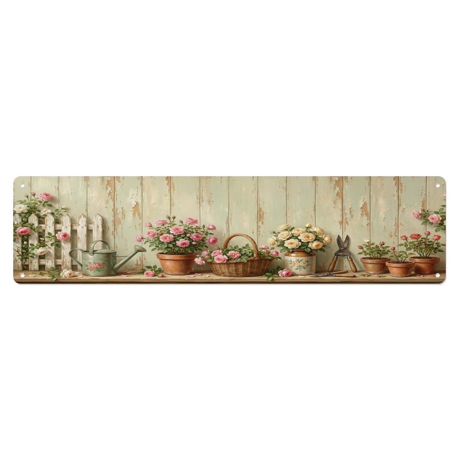 Floral Garden Tools Rose Cottage Pattern Print Metal Tin Sign