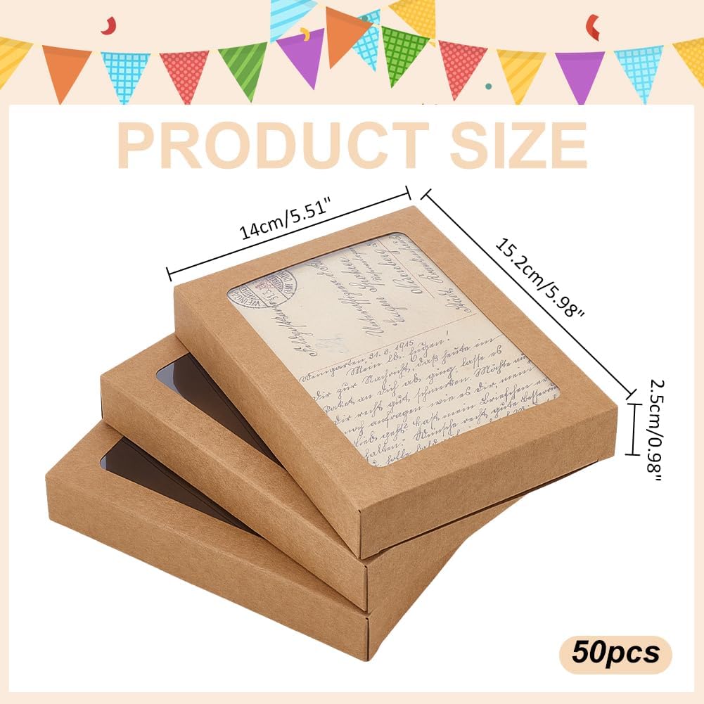 WADORN 50Pcs Greeting Card Storage Box, Kraft Paper Box with PVC Transparent Window Paper Bakery Boxes Bulk for Frame Photo Envelope Biscuit Candy Postcard Gift Storage Packaging, 6x4.5x1 Inch